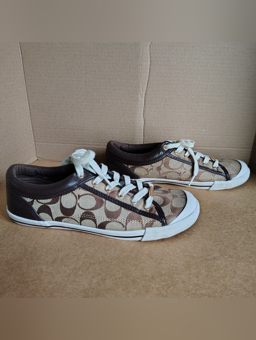 Coach Francesca Tennis Shoes Sneakers Size 9.5B Lace Up Brown Khaki Chestnut